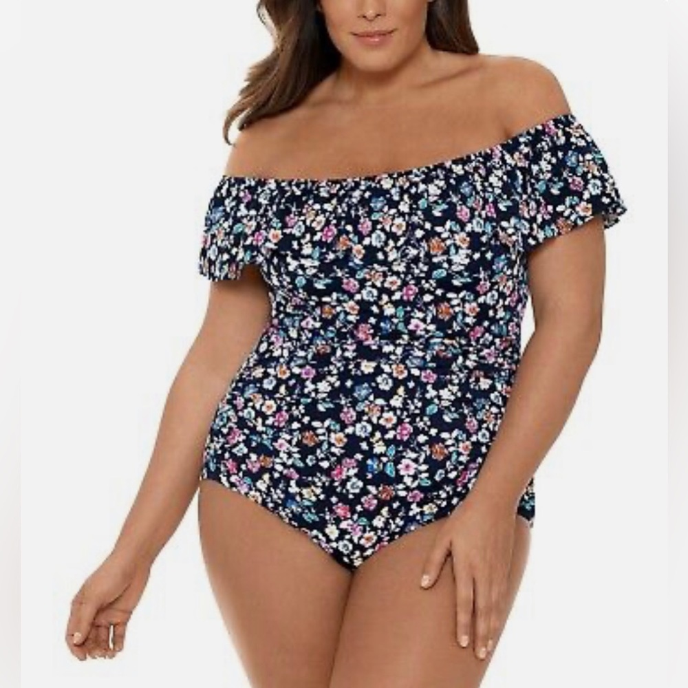 🖤 Swim Solutions Ditsy Off-the-Shoulder One-Piece Swimsuit – Navy Blue | Size 14